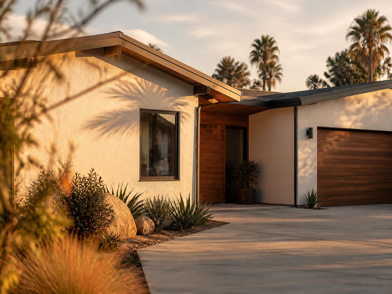 Sunlit modern Southern California home at golden hour
