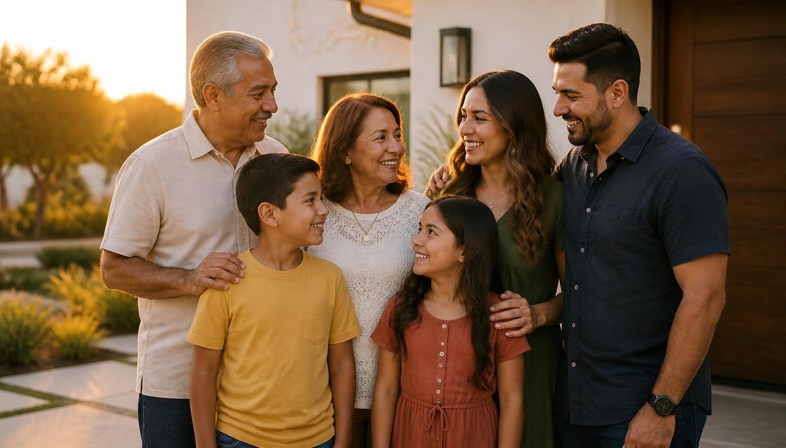 Homeowners standing on the front porch of their Southern California home at golden hour