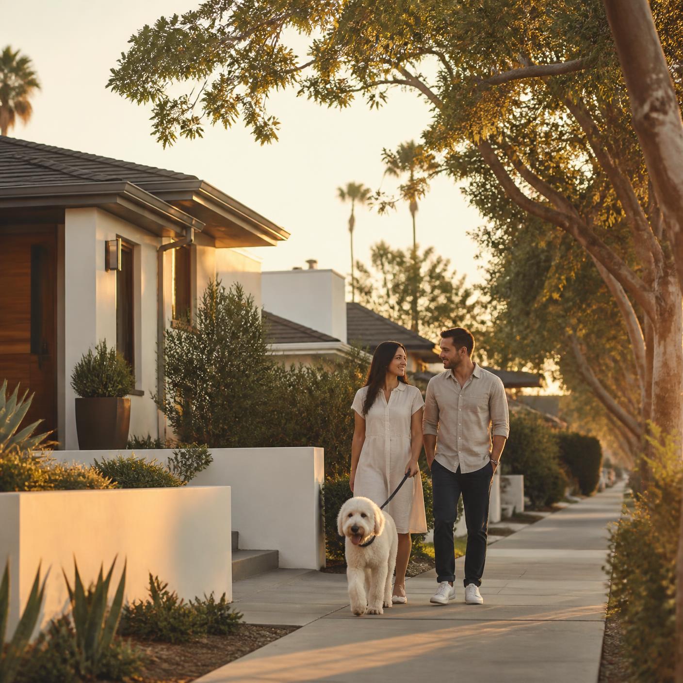 Homeowners walking along a sunlit Southern California neighborhood street